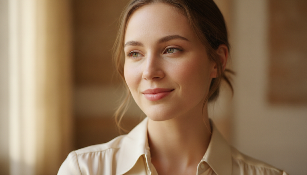 A woman smiling and gently touching her radiant healthy-looking skin conveying confidence and natural beauty with a soft