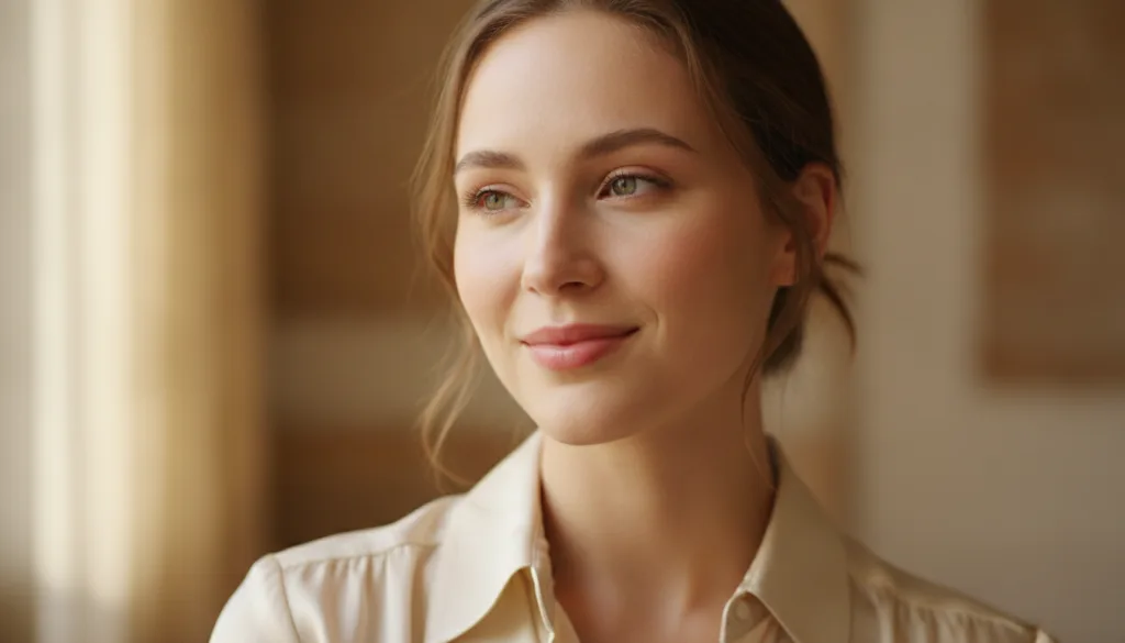 A woman smiling and gently touching her radiant healthy-looking skin conveying confidence and natural beauty with a soft