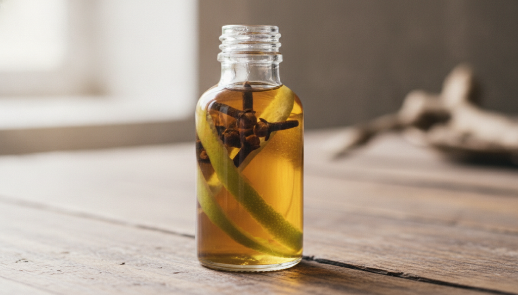 Close-up of a small glass bottle filled with a golden oil containing whole cloves and thin strips of lime peel on a rust
