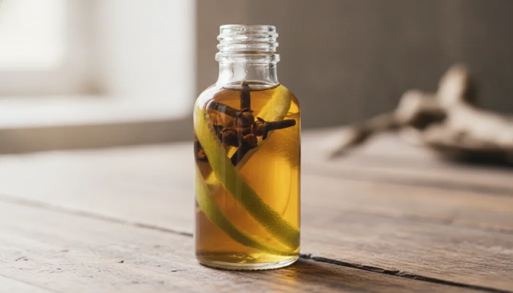 Close-up of a small glass bottle filled with a golden oil containing whole cloves and thin strips of lime peel on a rust