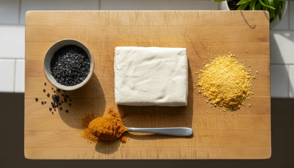 Ingredients for a vegan silky scramble including silken tofu kala namak nutritional yeast and turmeric powder arranged a