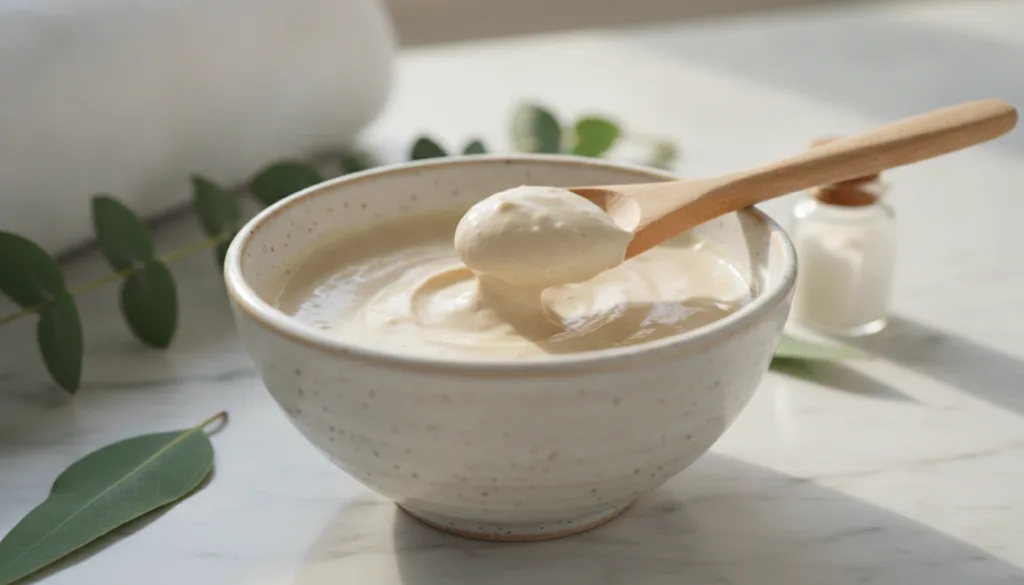 A close-up of a DIY face mask in a small bowl showing a creamy light-colored texture A small spoon is dipped into the ma
