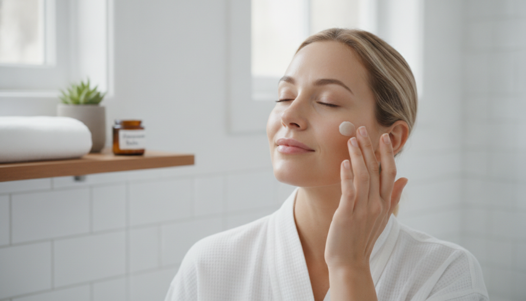 A woman gently applying a small amount of the homemade balm to her cheek looking refreshed in a well-lit bathroom settin