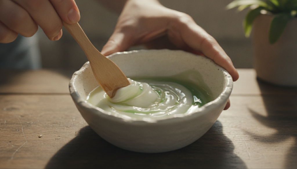 A person s hands gently mixing the Vaseline almond oil and aloe vera gel in a small bowl with a mini spatula creating a 