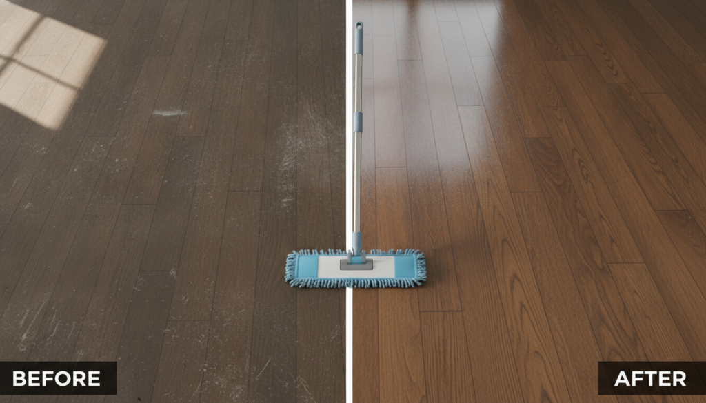 A before and after comparison of a dirty wooden floor being cleaned with a mop showing a clean shiny section next to a d