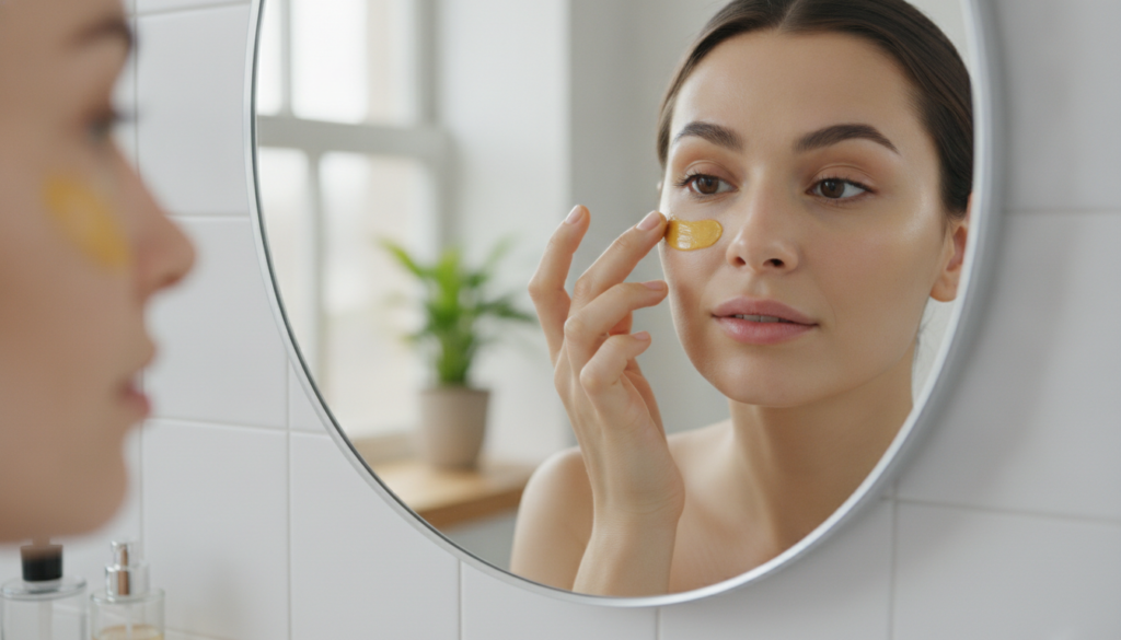A woman gently applying the turmeric and Vaseline paste under her eyes with a fingertip looking in a mirror