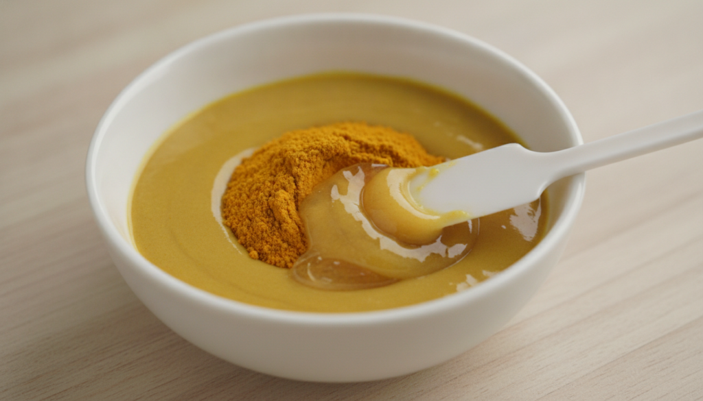 A close-up of a small bowl containing turmeric powder and petroleum jelly being mixed into a smooth paste with a mini sp
