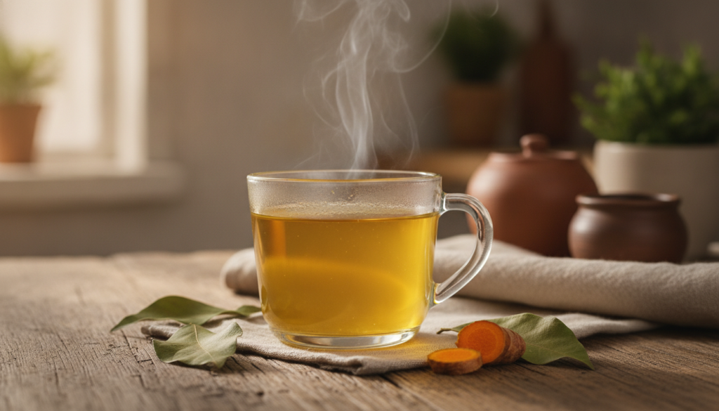 A warm cup of golden turmeric and avocado leaf tea with steam rising on a cozy wooden table suggesting comfort and natur