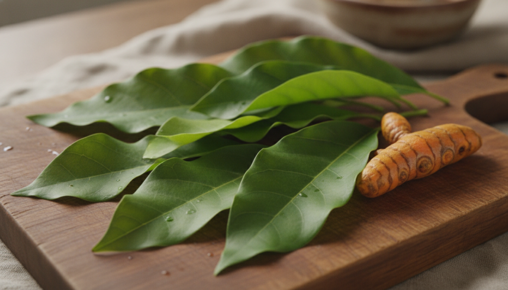 A collection of fresh avocado leaves and a piece of peeled turmeric root on a cutting board ready for preparation
