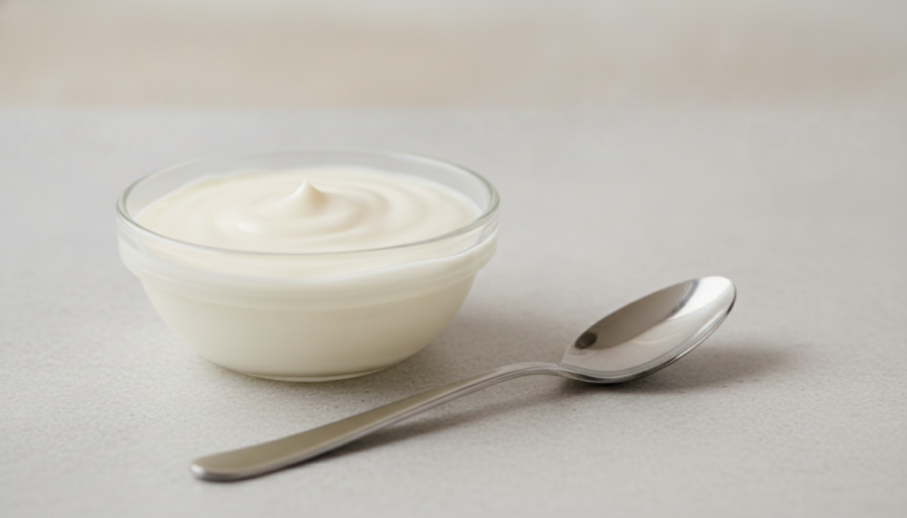 A small bowl with a creamy mixture of white Vaseline and baking soda next to a spoon on a clean surface
