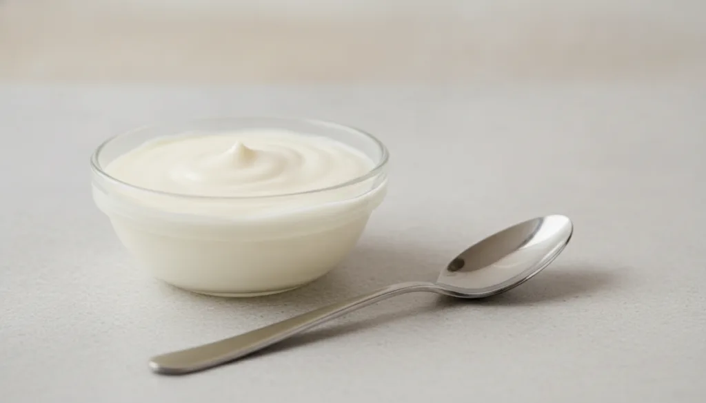 A small bowl with a creamy mixture of white Vaseline and baking soda next to a spoon on a clean surface