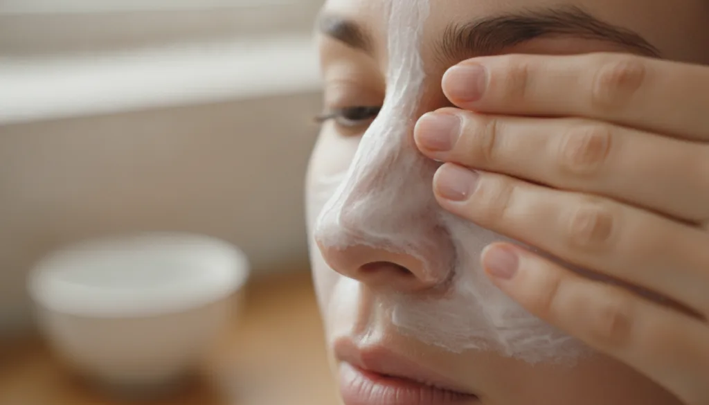 A person gently applying the Vaseline and baking soda paste to their clean face focusing on areas that need exfoliation