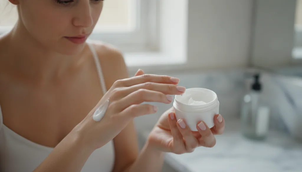 A woman gently applying a homemade scrub to her hand demonstrating a patch test