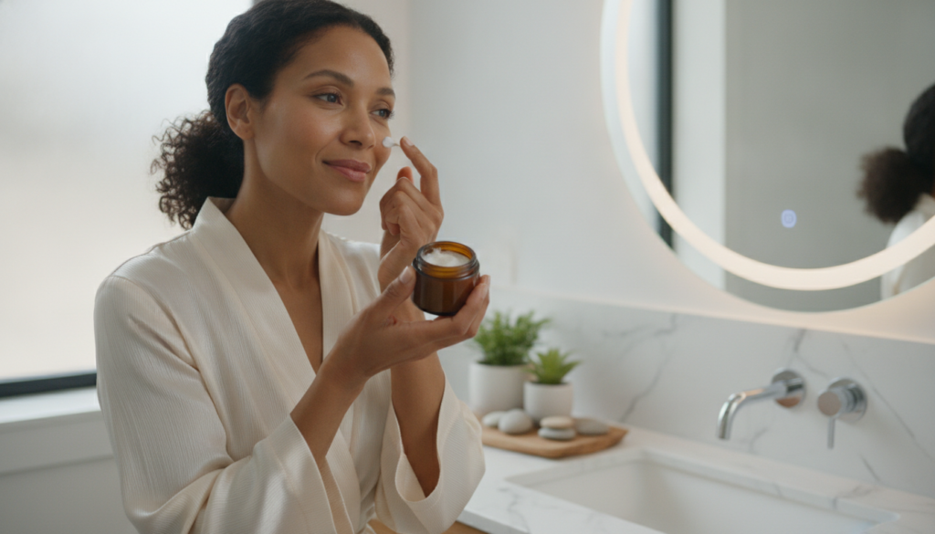 A woman gently applying a small amount of a homemade cream to her under-eye area focusing on anti-aging benefits in a br