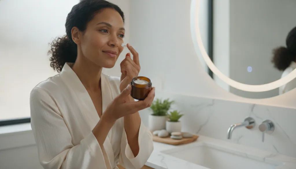 A woman gently applying a small amount of a homemade cream to her under-eye area focusing on anti-aging benefits in a br