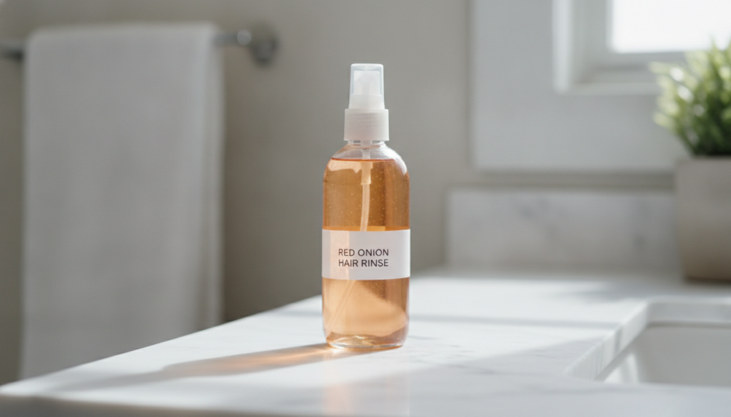 A clear glass bottle filled with a light amber-colored liquid the red onion hair rinse placed on a white bathroom counte