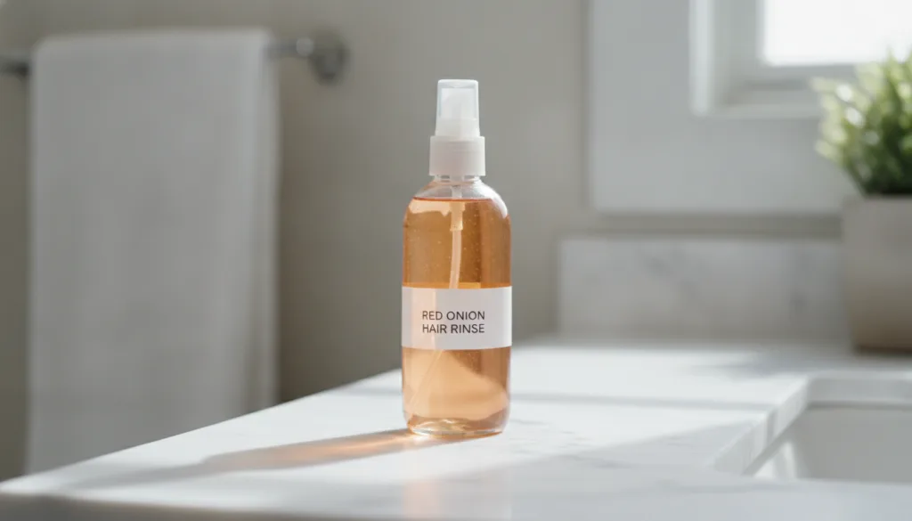 A clear glass bottle filled with a light amber-colored liquid the red onion hair rinse placed on a white bathroom counte