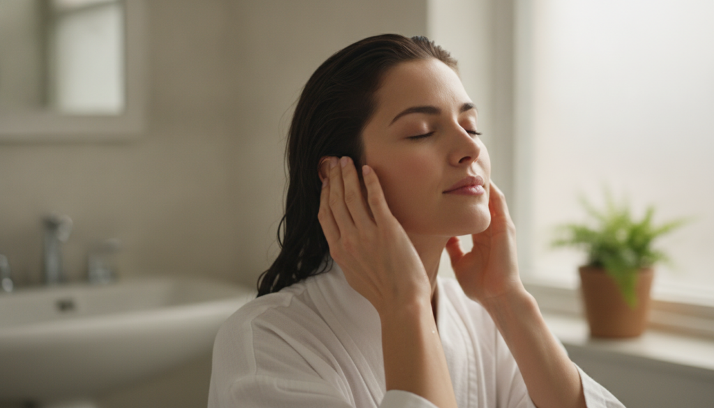 A woman gently massaging her scalp with her fingertips demonstrating the application of the hair rinse with wet hair