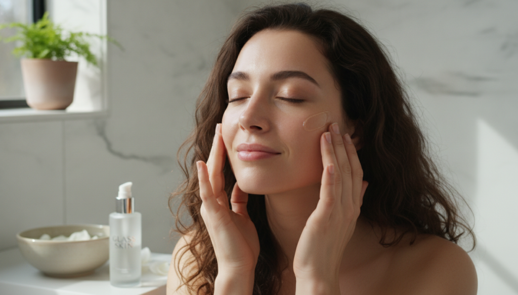 A woman applying the glass skin facial massage oil blend to her cheeks with a soft radiant glow on her skin