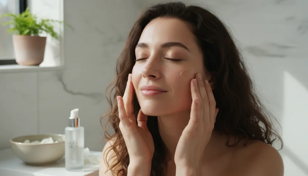 A woman applying the glass skin facial massage oil blend to her cheeks with a soft radiant glow on her skin