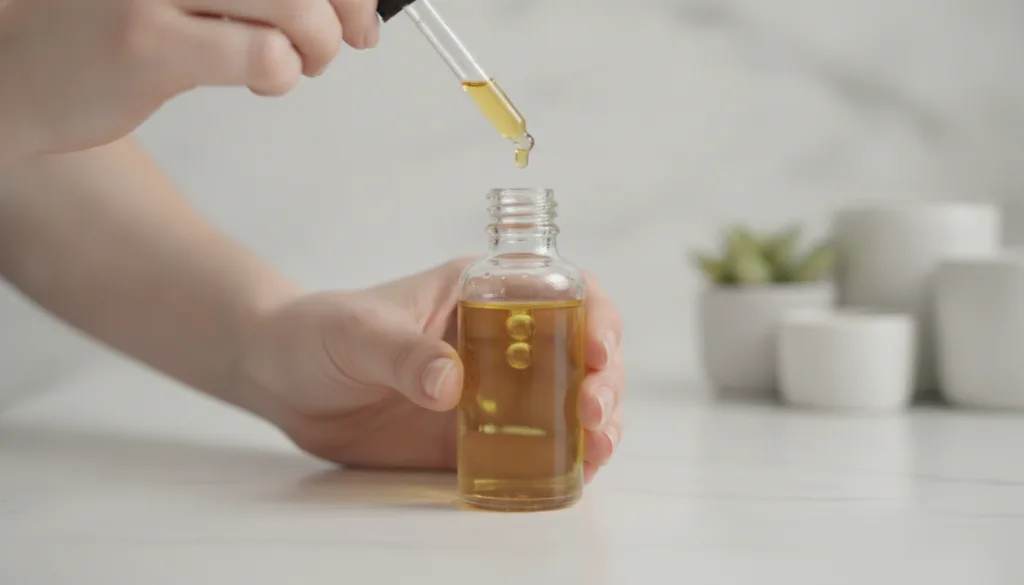 Close-up of hands mixing baby oil with a few drops of vitamin E oil in a small glass bottle with soft light