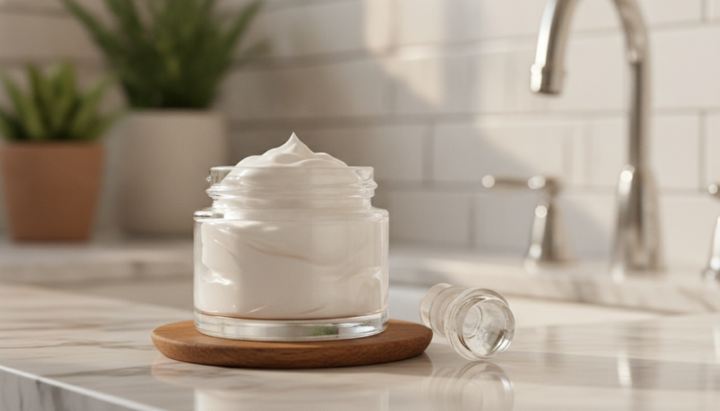 A small clean container with the freshly mixed nightly skin elixir a creamy white balm ready for use