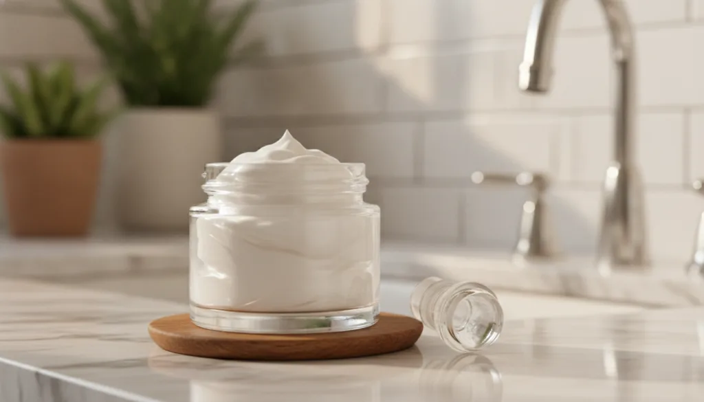 A small clean container with the freshly mixed nightly skin elixir a creamy white balm ready for use