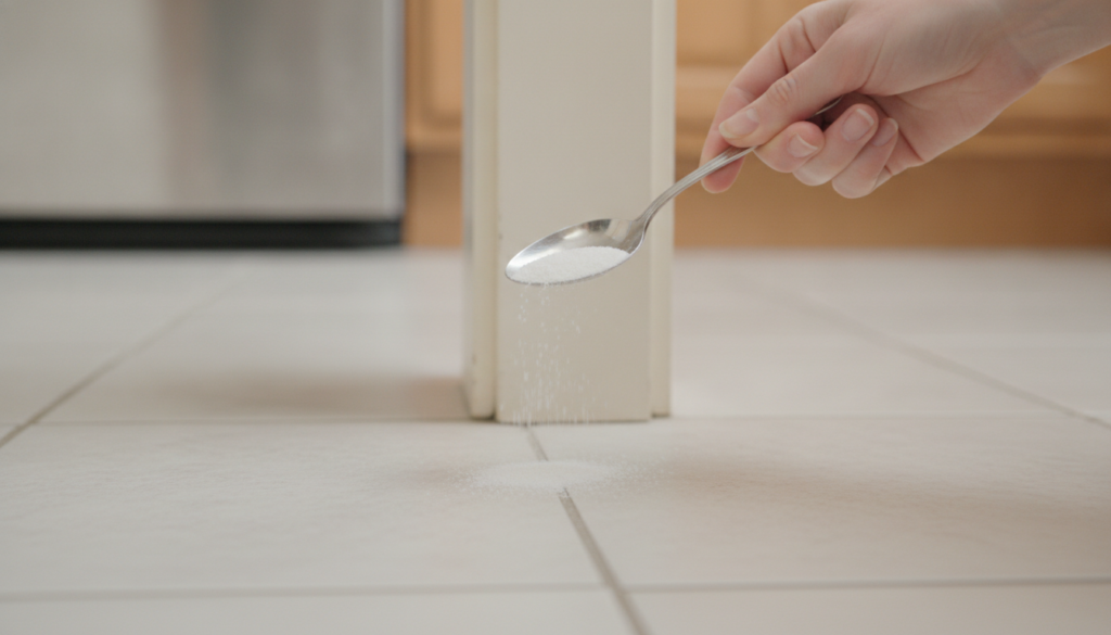 A hand sprinkling the boric acid and sugar mixture along a kitchen baseboard and floor corner