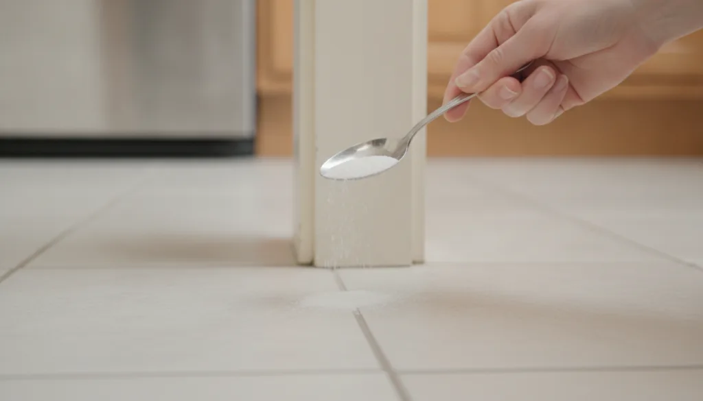 A hand sprinkling the boric acid and sugar mixture along a kitchen baseboard and floor corner