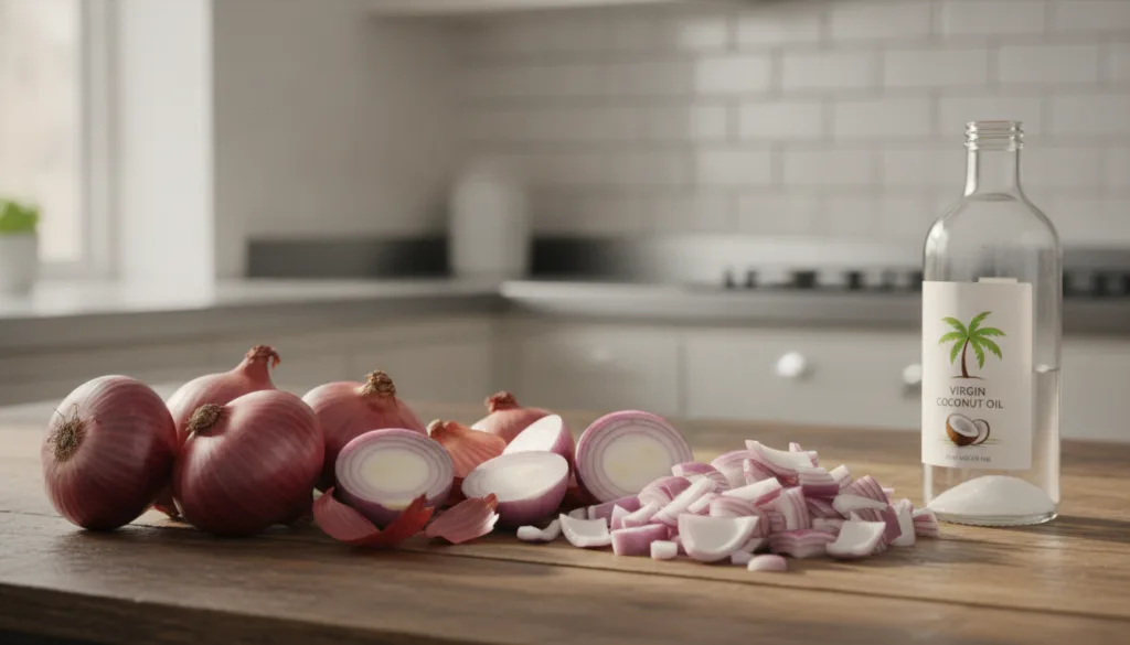 Fresh red onions and a bottle of carrier oil like coconut or olive oil on a wooden kitchen counter ready for making DIY 