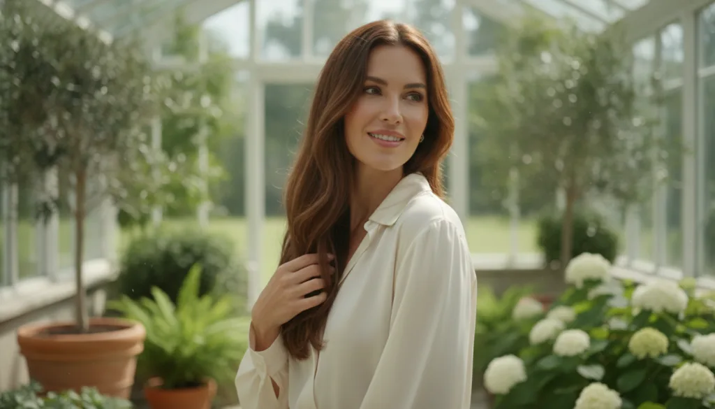 A woman with beautiful long healthy hair gently touching it looking happy and confident Her hair is shiny and well-cared