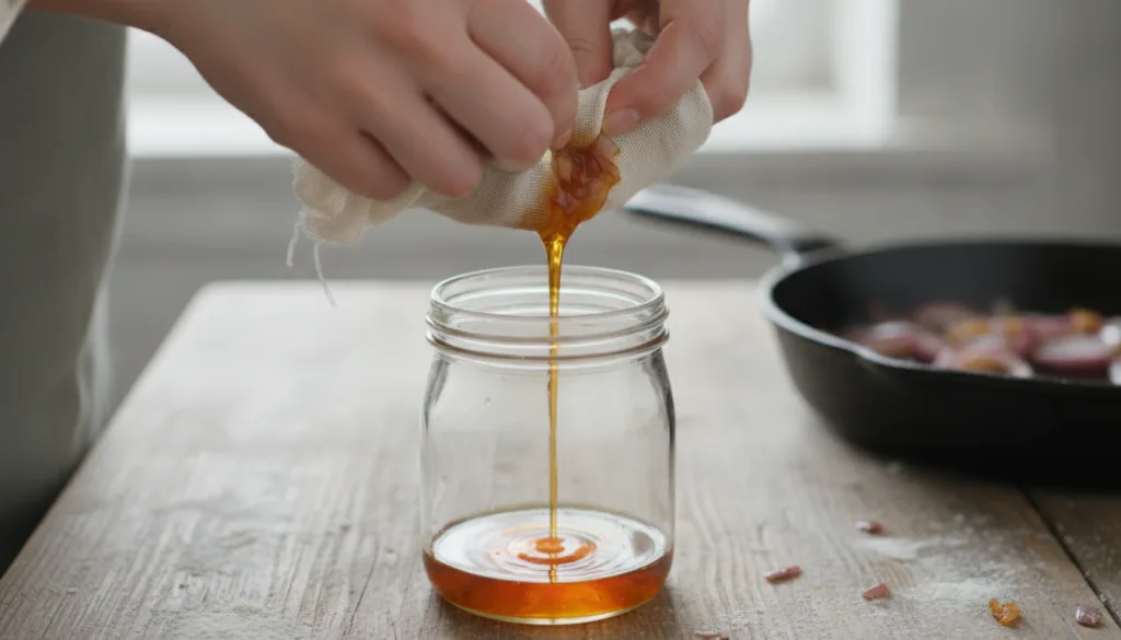 A person s hands straining freshly cooked red onion oil through a cheesecloth into a glass jar with the golden oil dripp