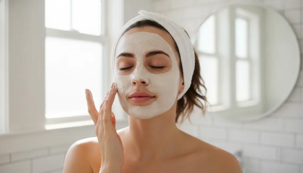 A woman gently massaging a natural face mask onto her cheek with a soft radiant glow on her skin Her eyes are closed in