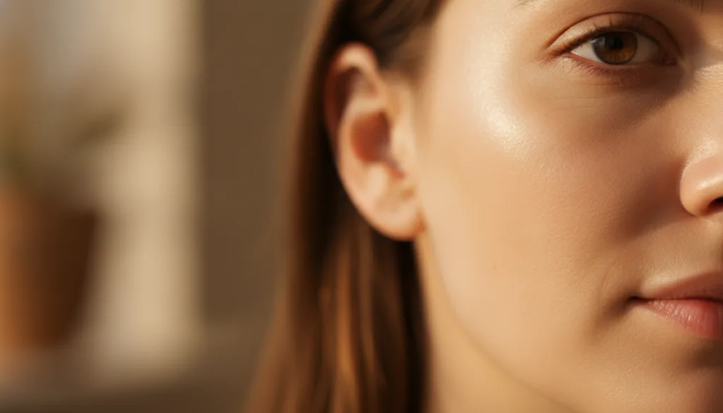 A close-up of smooth glowing skin on a person s face highlighting a healthy and youthful complexion