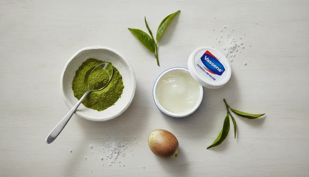All ingredients for the DIY recipe laid out neatly a tub of Vaseline a small bowl of green matcha powder and a mixing sp