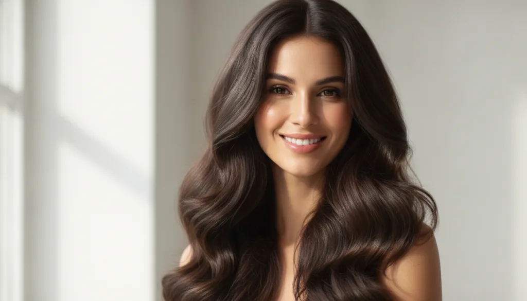 A woman with healthy shiny and voluminous hair smiling and looking confident representing the desired outcome of the hai