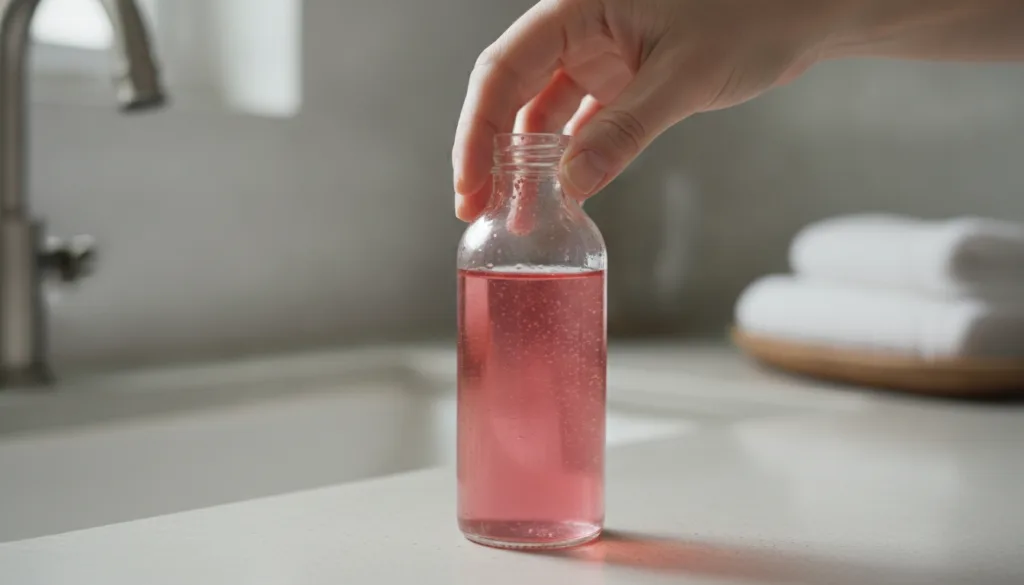 A person s hand holding a small bottle or jar filled with a reddish-pink liquid the finished red onion hair rinse agains