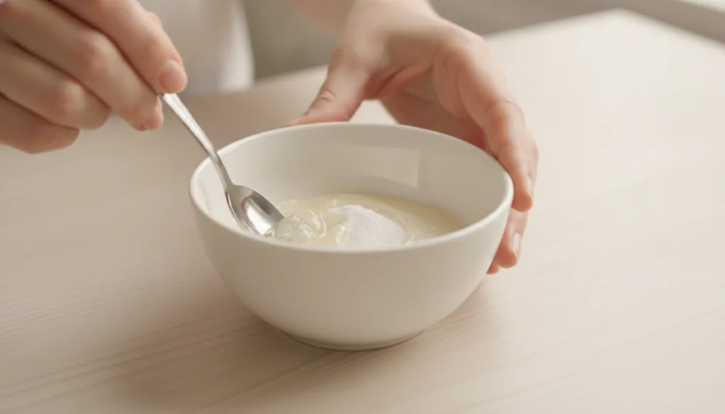 A woman gently mixing Vaseline and baking soda in a small bowl with a spoon