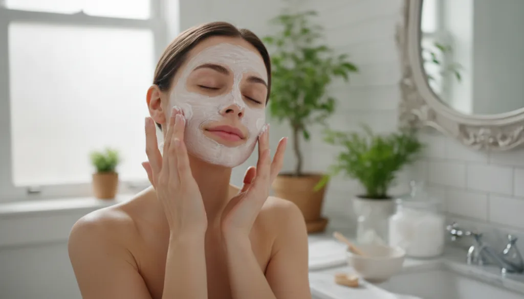 A woman gently massaging a homemade Vaseline and baking soda mixture onto her face in a well-lit bathroom showing soft g