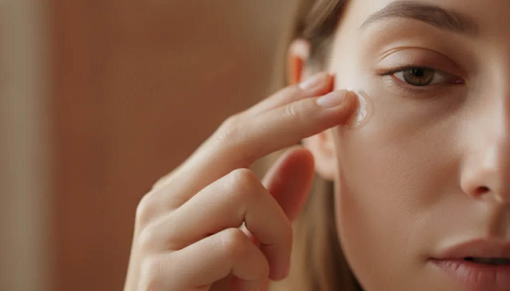 A person s fingers gently applying the homemade Vaseline and Vitamin E balm to their face specifically targeting the und