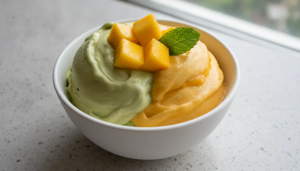 A vibrant bowl of tropical avocado mango nice cream with swirls of green and orange Garnished with fresh mango cubes and