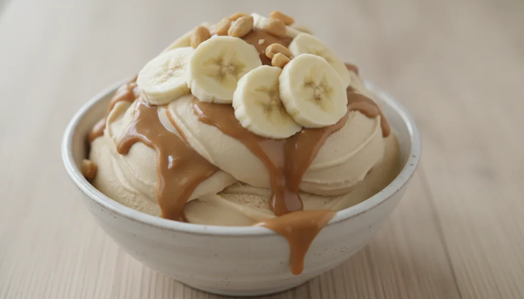 A bowl of creamy peanut butter banana nice cream drizzled with extra peanut butter and topped with banana slices on a si