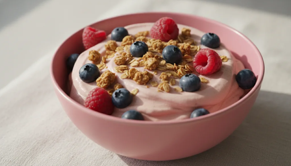 A vibrant pink bowl of mixed berry banana nice cream topped with fresh berries and a sprinkle of granola Photographed fr