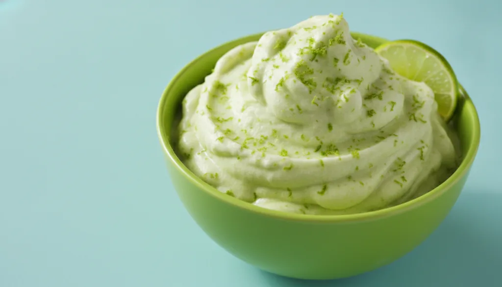 A vibrant green bowl of coconut lime avocado freeze garnished with lime zest and a thin lime slice on a light blue backg