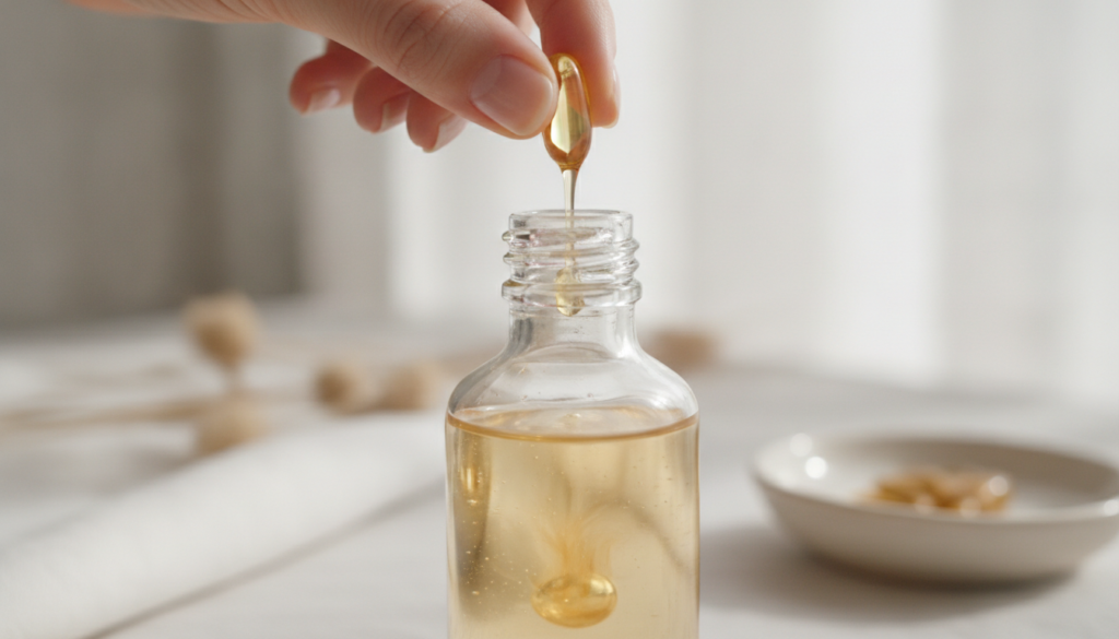 A close-up of a hand squeezing the oil from a clear Vitamin E capsule into a glass bottle of baby oil