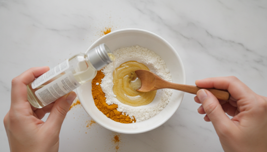 A small bowl with turmeric powder and rice flour with a hand slowly pouring baby oil into it mixing with a small spoon