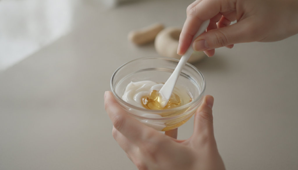 Close-up of a small clean container with Vaseline and the contents of a golden capsule being mixed together with a tiny 