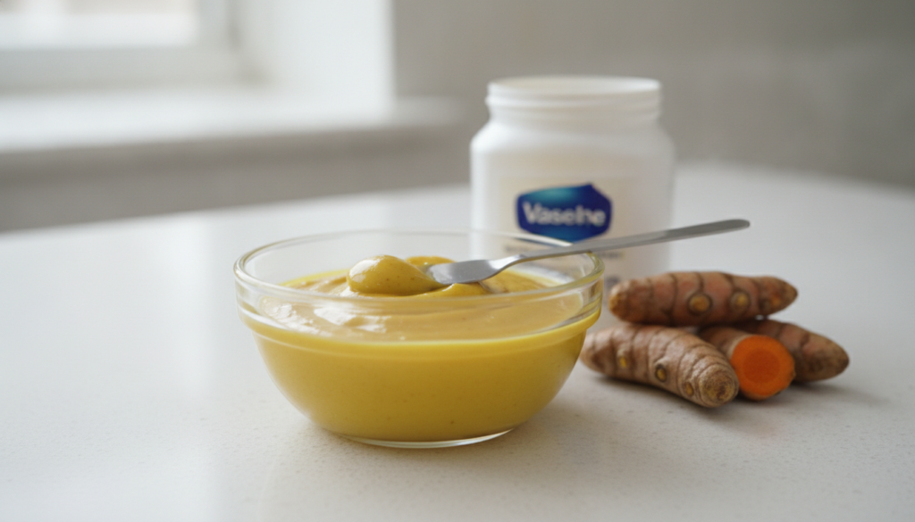 A small glass bowl with a yellow paste of Vaseline and turmeric powder with a jar of Vaseline and some turmeric roots in