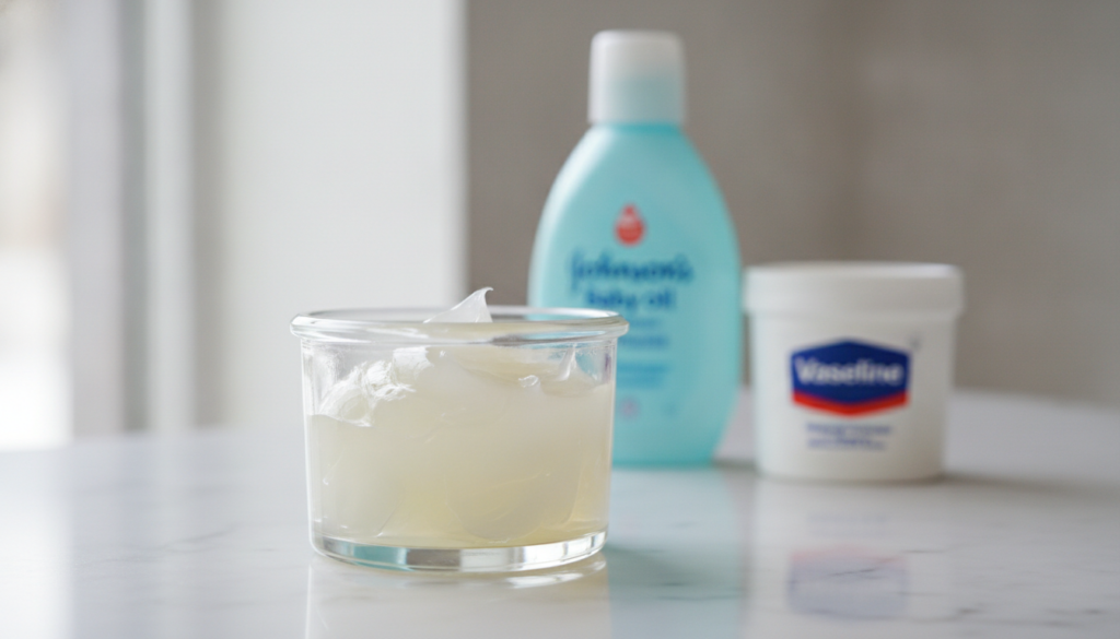 A small container with a mixture of Vaseline and baby oil with a bottle of Johnson s Baby Oil and a jar of Vaseline in t