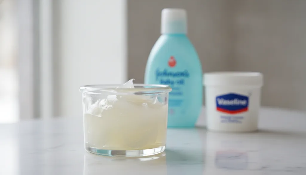 A small container with a mixture of Vaseline and baby oil with a bottle of Johnson s Baby Oil and a jar of Vaseline in t